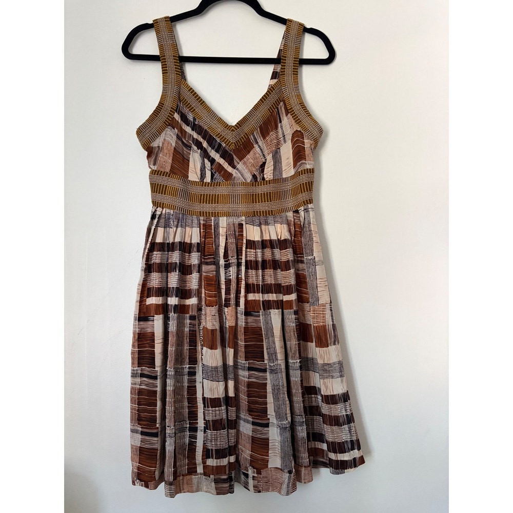 Plenty by Tracy Reese Pure Silk Abstract Print Dress Brown Gold Embroidered Sz 6